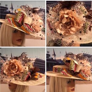 Women's Cream & Tan Floral Wide-Brim Fascinator Hat with Leopard-Print Ribbon